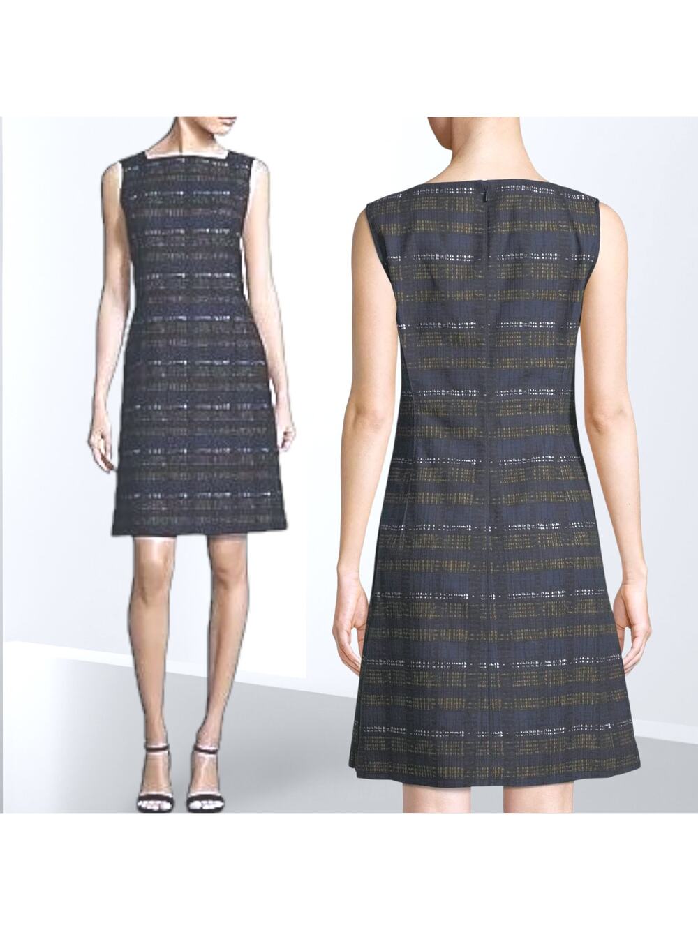 LAFAYETTE 148 NY Sheath Knee Length Dress Striped Gold Blue Career Sleeveless 12